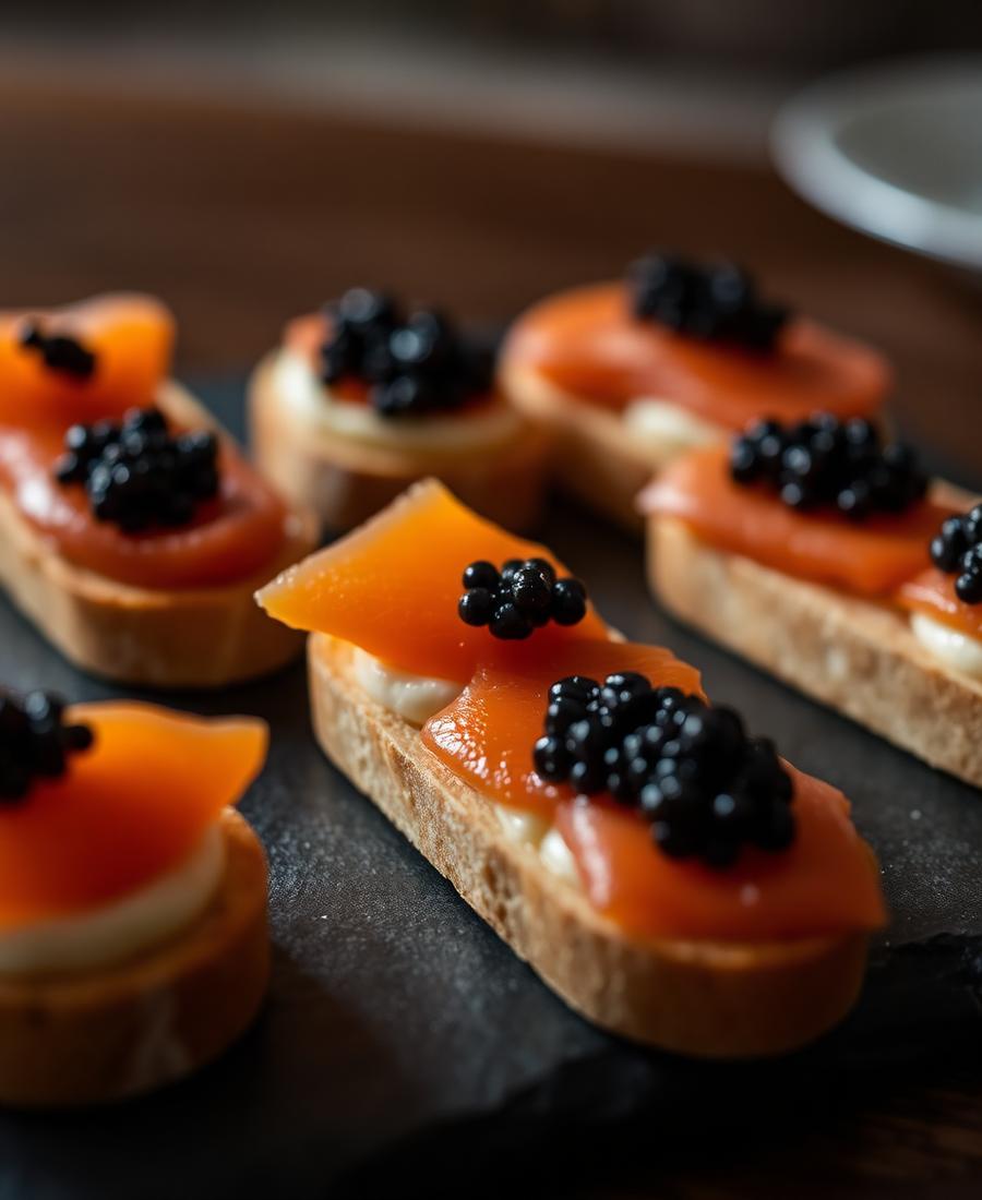 Pintxos z wędzonym łososiem i kawiorem